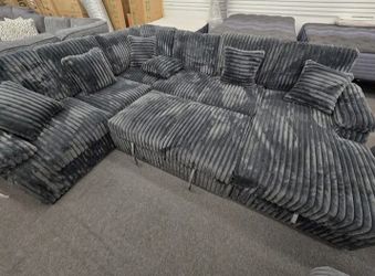 Dark Gray Jumbo corduroy U shaped sectional pullout sleeper Sofa bed with storage chaise w/ pillows 
