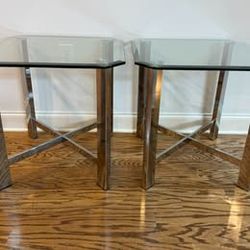 Pair of Chrome & Glass End Tables – Modern X-Stretcher Bases