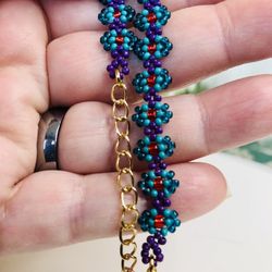 Turquoise Beaded Bracelet Purple Dainty Gold Heart Red Charm Glam Adjustable NEW