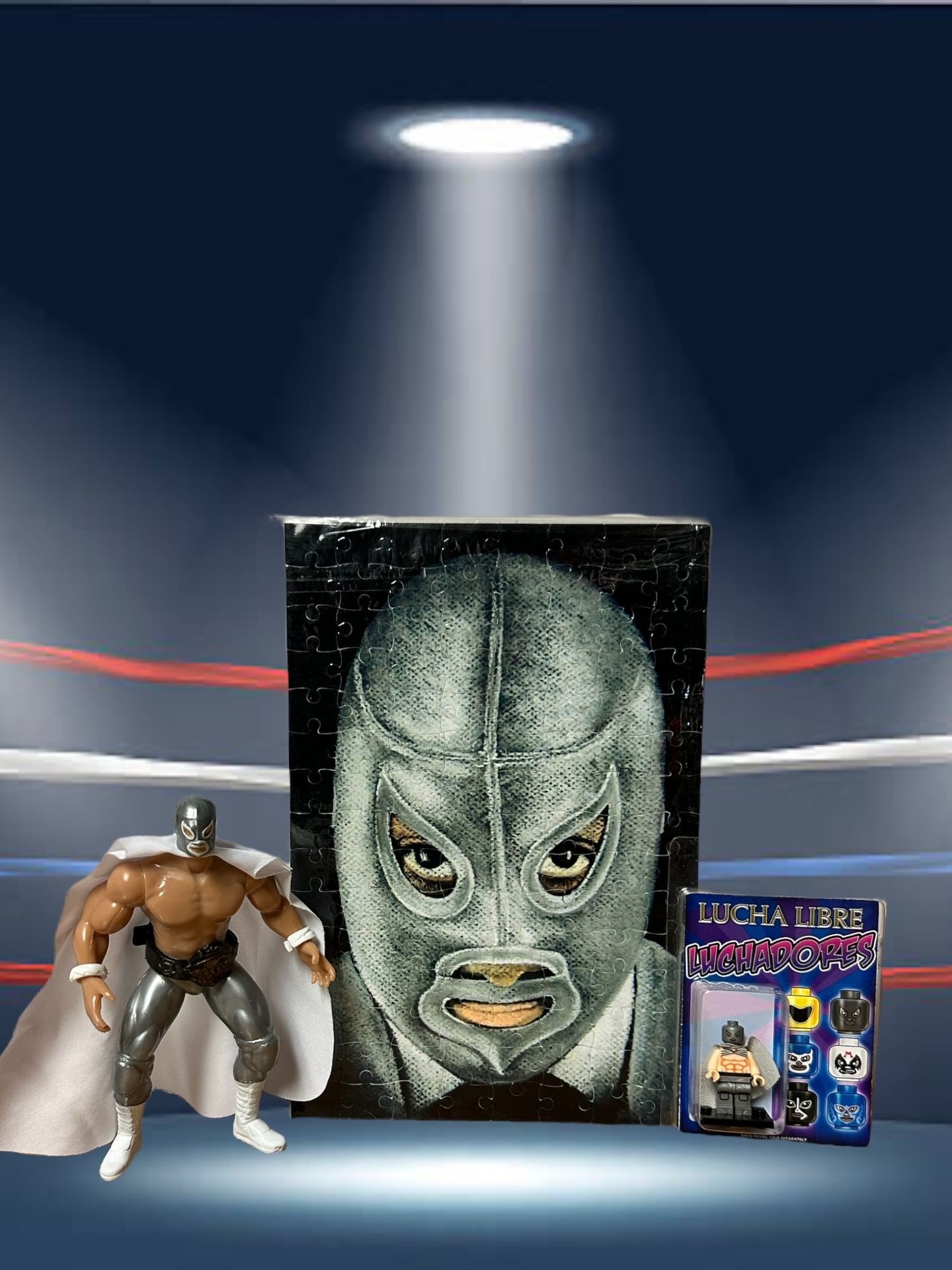 El Santo Luchador figure, lucha libre santo lego figure and 1 santo puzzle