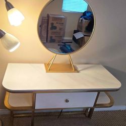 Full Vanity Set, Including Marble-Top Table, Mirror, and Chair. 