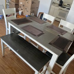 “6-piece dining set (table, bench, 4 chairs)”