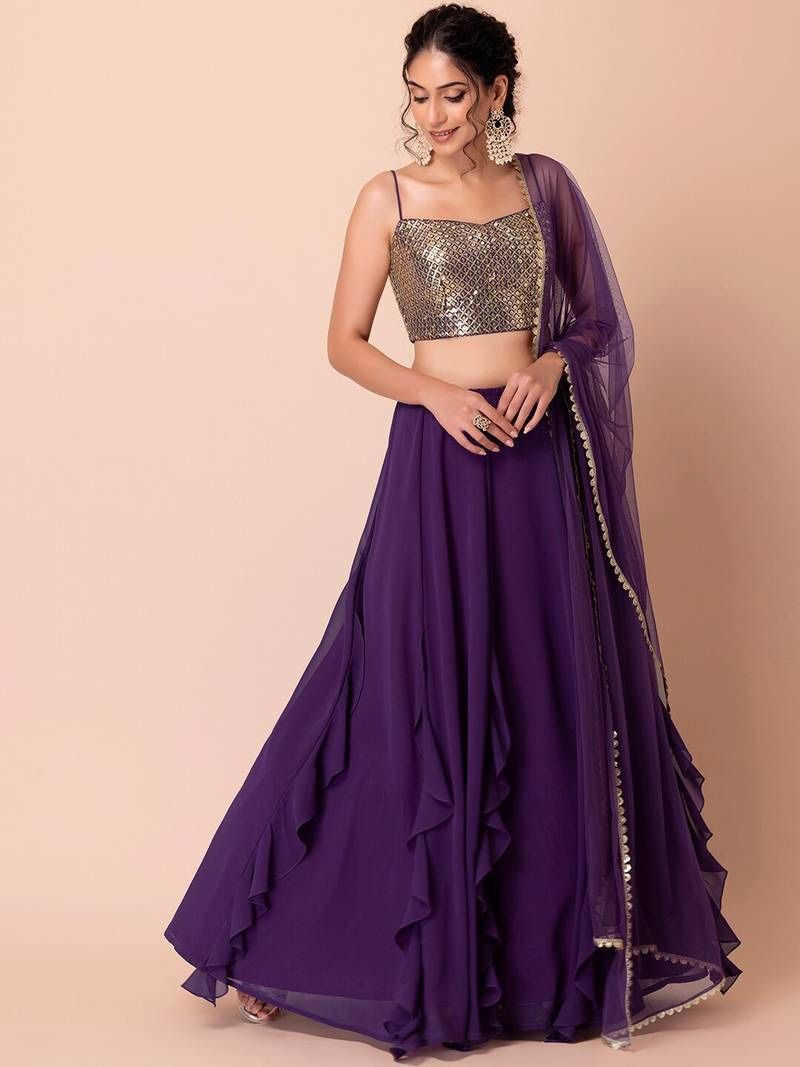 Purple Georgette Sequin Embroidered Blouse Lehenga Choli, Size Small
