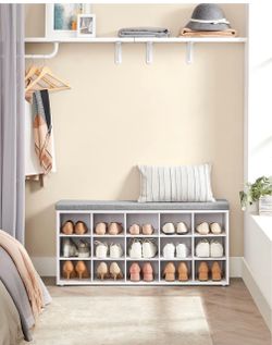 Shoe Bench with Cushion, 15 Compartments, 11.8 x 41.3 x 18.9 Inches Entryway Storage Bench with Padded Seat, for Bedroom, Cloud White and Dove Gray, C