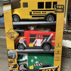 Toy City Vehicles : School Bus, Garbage Truck, Firetruck 