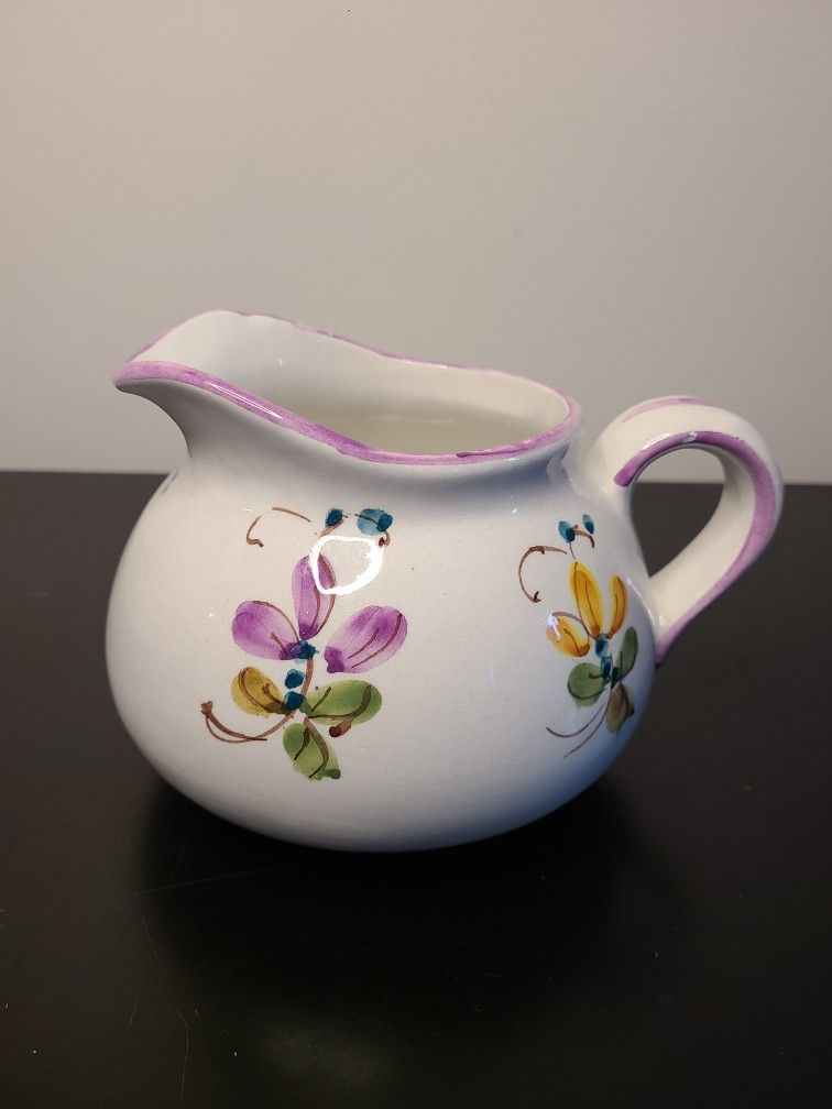 Vintage Floral Design Pitcher Vase Hand Painted In Italy For FTD.