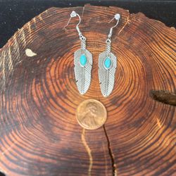Feather Native Inspired Metal Earrings With Turquoise Stone