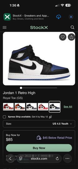 Kids Jordan’s royal toe size 4Y