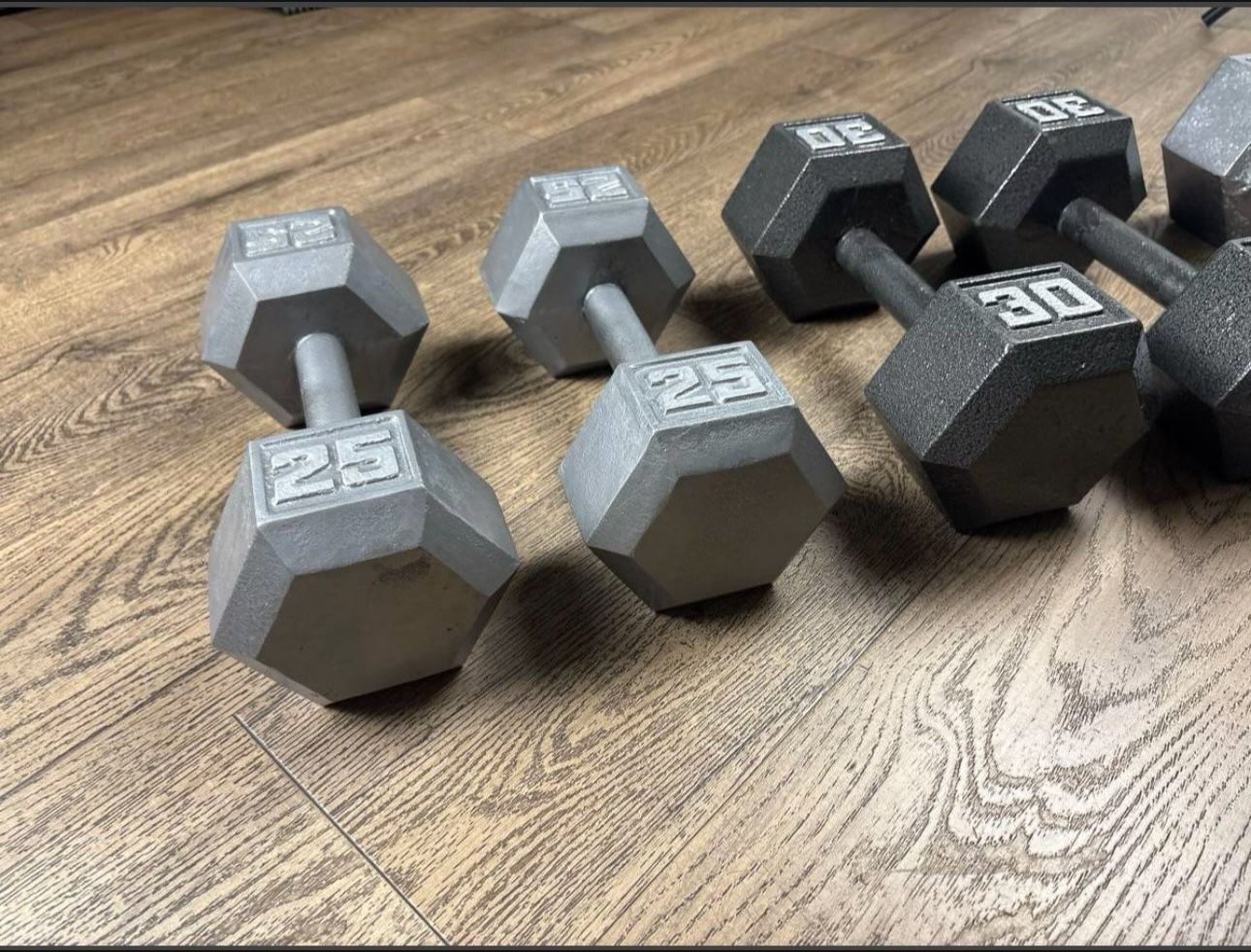 3 Pairs Of Hex Cast Iron Dumbbells   35s, 30s, 25s  Total: 180 lbs