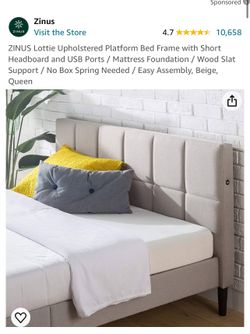 ZINUS Lottie Upholstered Platform Bed Frame with Short Headboard and USB Ports / Mattress Foundation / Wood Slat Support / No Box Spring Needed / Easy