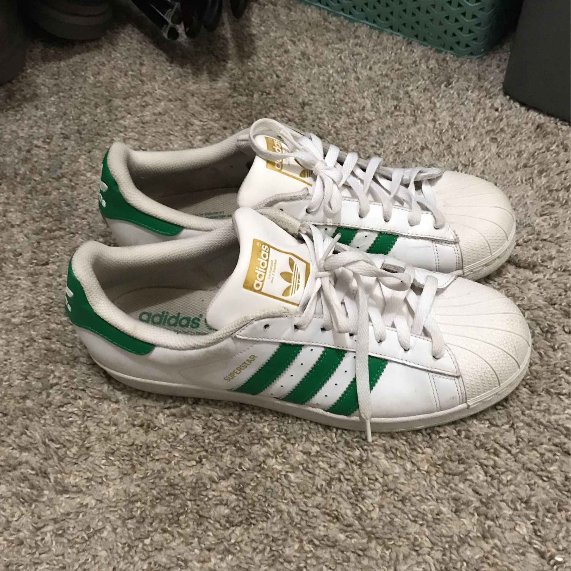Mens Size 10 Adidas White With Green Stripes