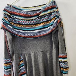 Women's Grey Long Sleeve Colorful Geometric Pattern Dress Size L