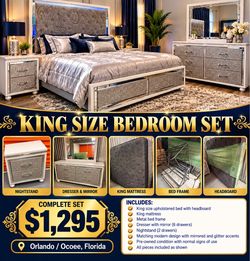 LUXURY KING-SIZE BEDROOM SET – SILVER GLITTER & MIRRORED ACCENTS