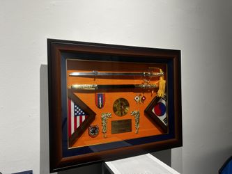 U.S. Army 36th Signal Battalion Custom Shadow Box w/ Ceremonial Sword & Clock