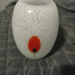 Minimalist Modern White Speckled Hand Blown Glass Art Vase With Red Accent