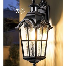 EDISHINE 1pc 20.2" Large Motion Sensor Outdoor Wall Dusk to Dawn Exterior Sconce with Water Ripple Glass, Waterproof Outside Porch Lighting Wall M