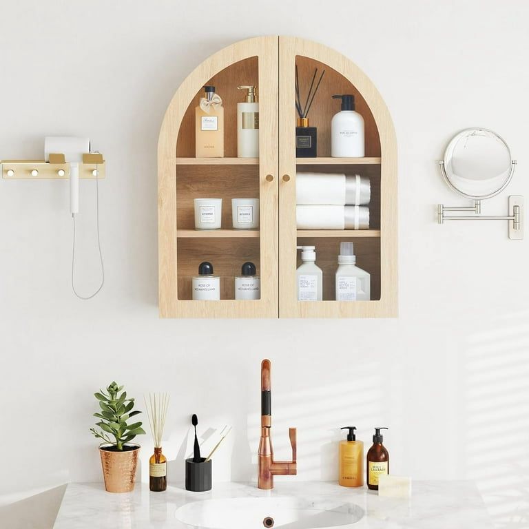 Wall Bathroom Cabinet with Glass Doors, Wood Medicine Cabinet with Adjustable Shelf, Arched Hanging Cabinet for Bathroom, Livingroom, Kitchen (Natural