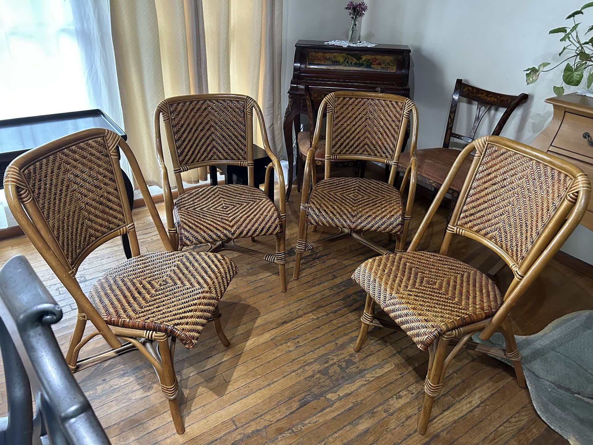 Solid Vintage Rattan Bamboo Wicker Chair Set Of 4 Chairs