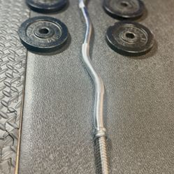 Standard Steel Curl Bar with Cast Iron Weight Plates pairs: 15#, & 4X 5 #. Total: 66 pounds