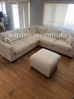 BRAND NEW CREAM/BEIGE CORDUROY SECTIONAL SOFA COUCH WITH OTTOMAN