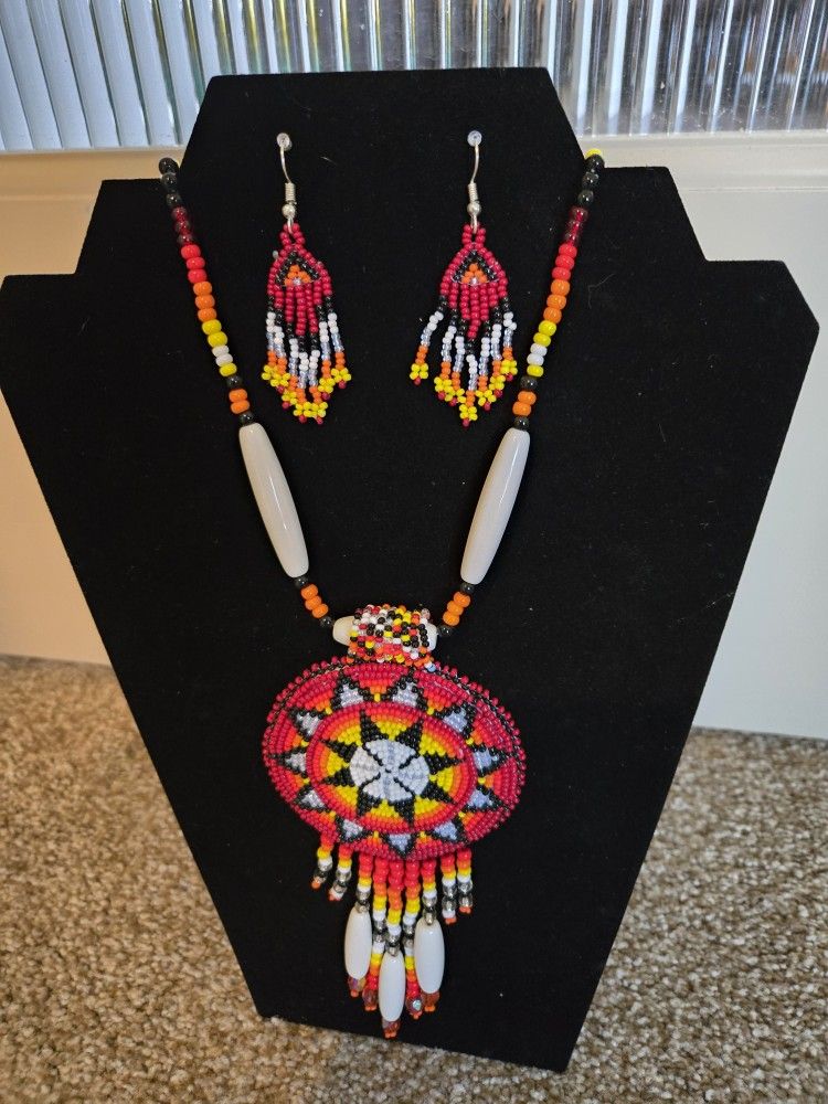 Red Seed Beads Long Medallion Star Fire Color Beaded Necklace And Earrings Set