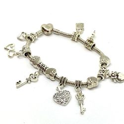 Sterling Heart Clasp Heart & Key Charm Bracelet by Oriel Beauty