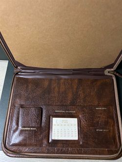 Large Leather Zip Portfolio Organizer w/ Perpetual Calendar & Address Book