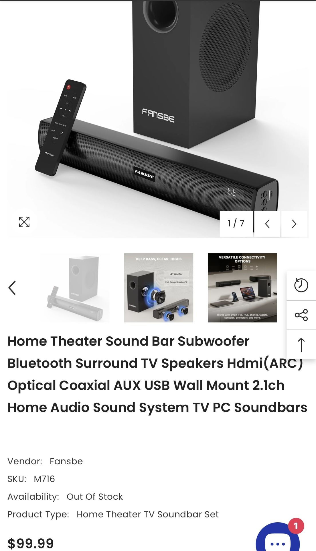 Brand NEW Fransbe Home Theater Sound Bar Subwoofer Bluetooth Surround TV Speakers Hdmi(ARC)