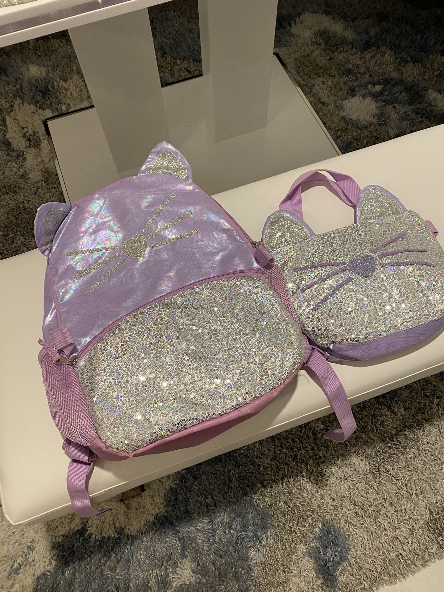 Like new kitty backpack and lunchbox purple glitter