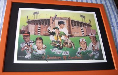 Jim Palmer Cal Ripken Brooks Robinson Frank Robinson autographed Orioles 1991 litho framed JSA