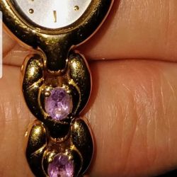 GOLD TONE ELGIN WATCH W/PURPLE AMETHYST STONES 