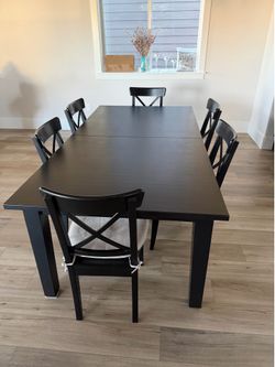 IKEA INGATORP Extendable Table and 6 INGOLF Chairs and cushions