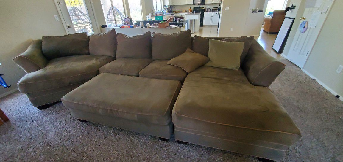 XL 3 piece + Large Ottoman Sectional With Removable Cushions In Moss Green Suede Fabric