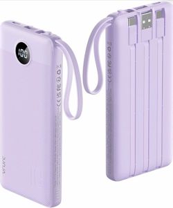 VRURC Portable Charger Power Bank USB C External Battery Pack 10000mAh Flight Safe Travel 5 Outputs 2 Inputs Slim Phone Built In Cables Purple Lavende