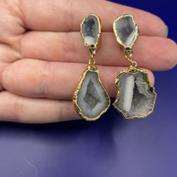 Druzy Agate Geode Slice Earrings Gold Electroplated Double Drop Dangle