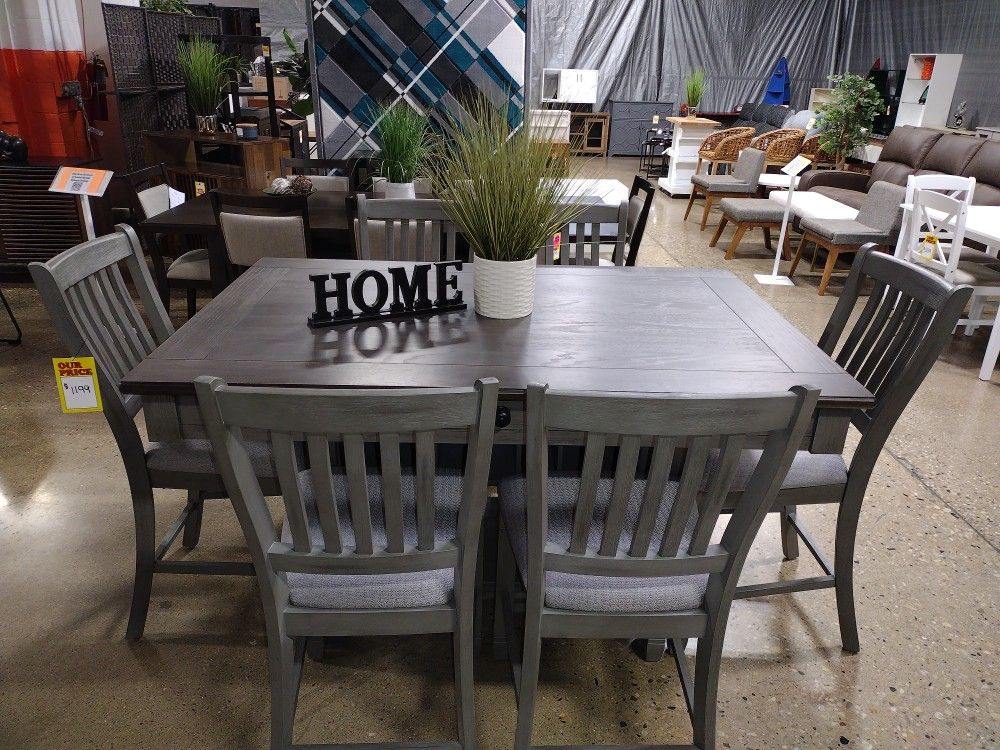 beautiful gray 7 pc  high top dining set with storage (New)