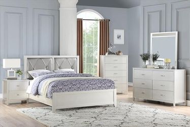 Brand new white or silver queen bed frame + dresser + mirror + nightstand