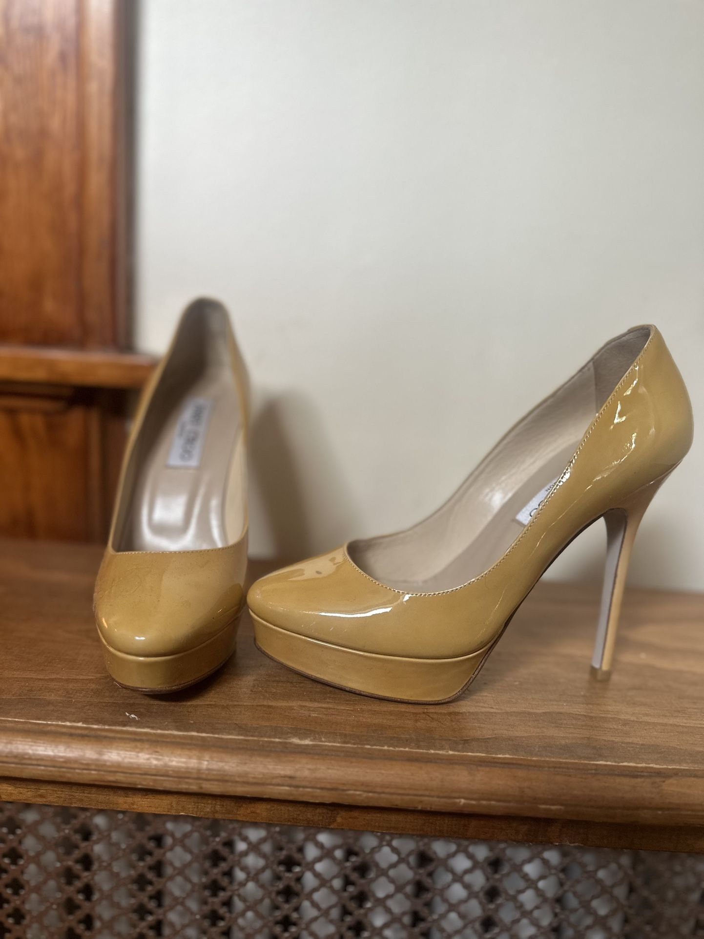 Jimmy Choo Nude Cosmic Platform Patent Leather Nude High Heel Pumps