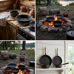 Vintage 4pc Cast Iron Cookware Set | Stay-Cool Wood Handles | 14 lbs 5 oz