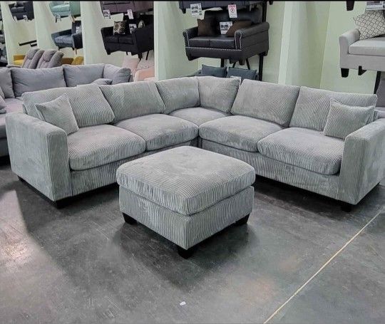 ✅️✅️ 4pc for grey corduroy fabric upholstered sectional sofa with ottoman ✅️✅️