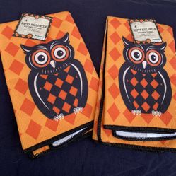 Halloween Orange And Black Owl Print Kitchen Towel Set Of 2