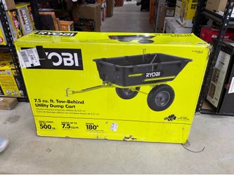 NEW IN BOX RYOBI 500 lb. 7.5 cu. ft. Tow-Behind Utility Dump Cart with Universal Hitch for Riding Mower, Lawn Tractor & Zero Turn Mower