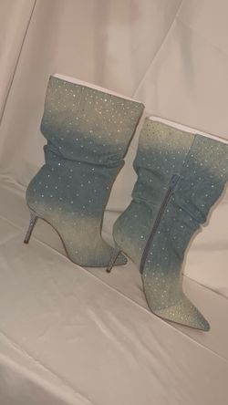 Thalia Sodi Denim Rhinestone Slouch Pointed Toe Boots