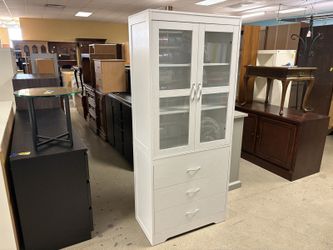 Tall White Glass Door Cabinet w/ 3 Lower Drawers