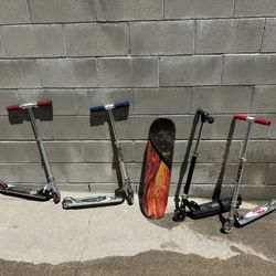 4 scooters 1 skateboard