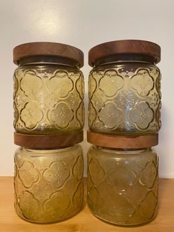 Vintage Amber Glass Canister Set – 4 Pieces with Wooden Lids