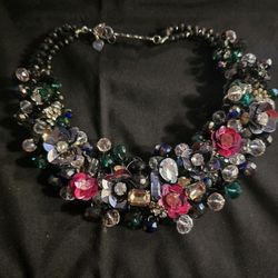 Vintage Rhinestone & Simulated Onyx Silver & Red Floral Green Choker Necklace