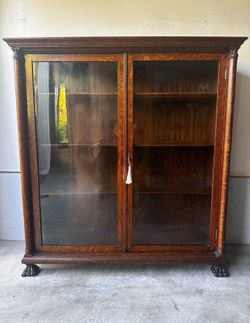 Antique Oak Glass Door Bookcase with Adjustable Shelves