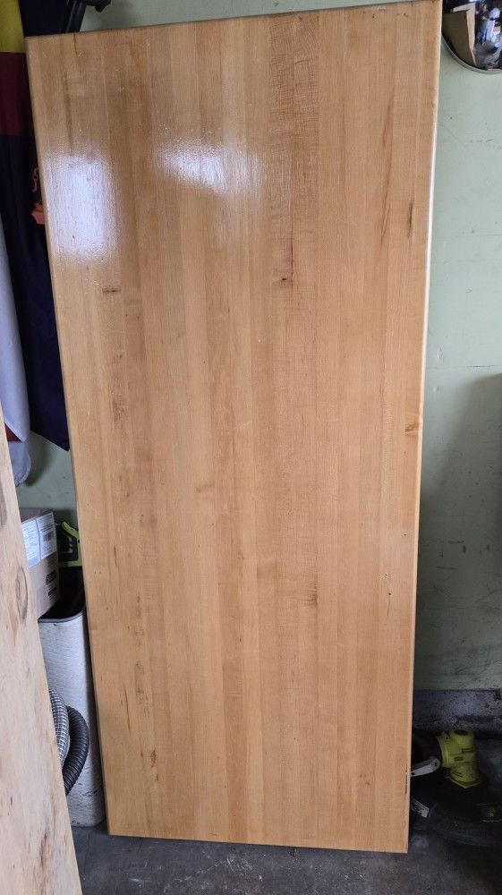 Butcher block workbench with solid steel folding legs