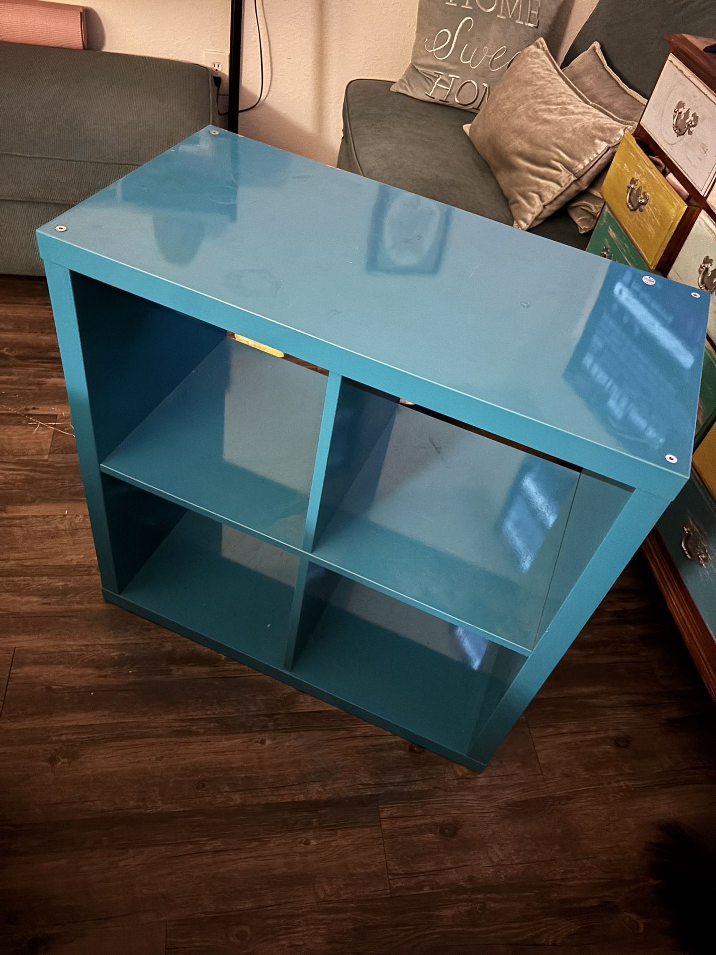 Glossy Teal Storage Cube Shelf – Modern Organizer w/ Side Hooks